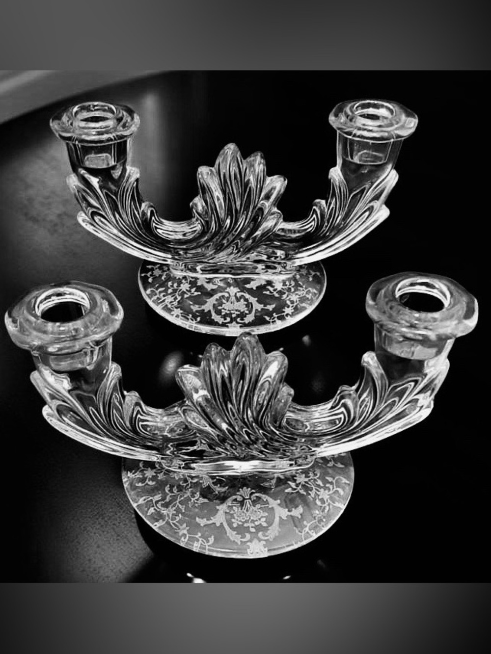 Pair of Fostoria Etched Depression Glass Double-Arm Candle Holders